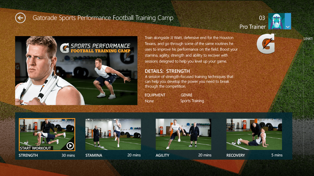Xbox Fitness Gatorade JJ Watt Content Details Dash